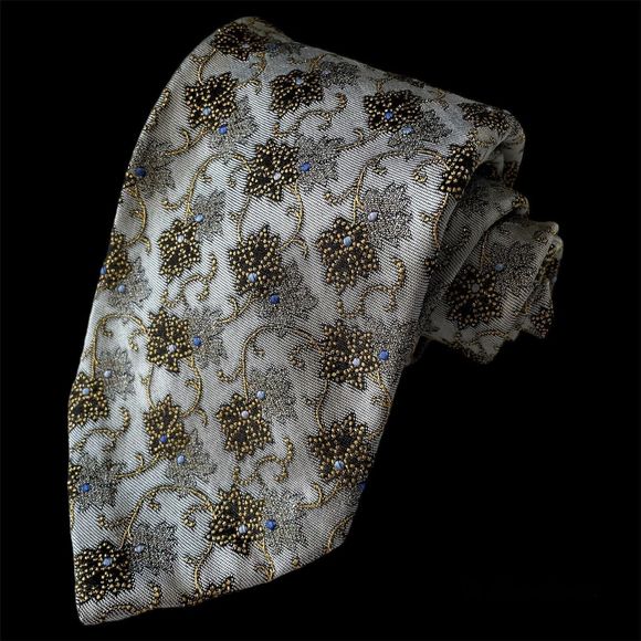 Robert Talbott Seven Fold Neck Tie Silver Gold Blue Flower #1/40NWT